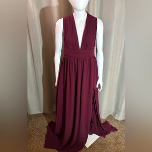 Lulu's Maroon Ruched Maxi Gown Plunge Neckline